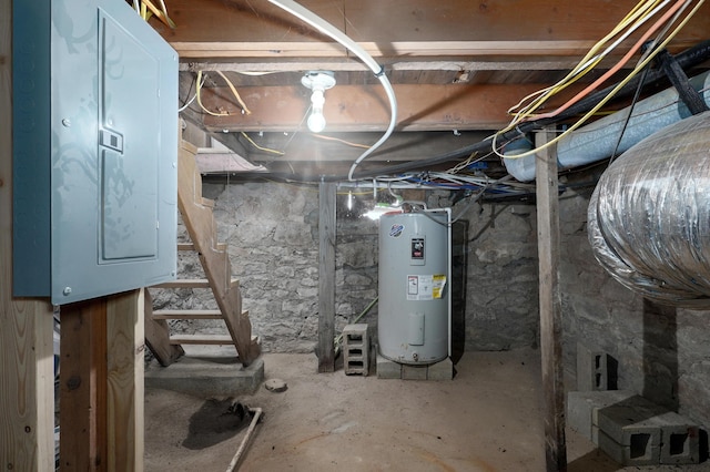 basement with electric panel and water heater