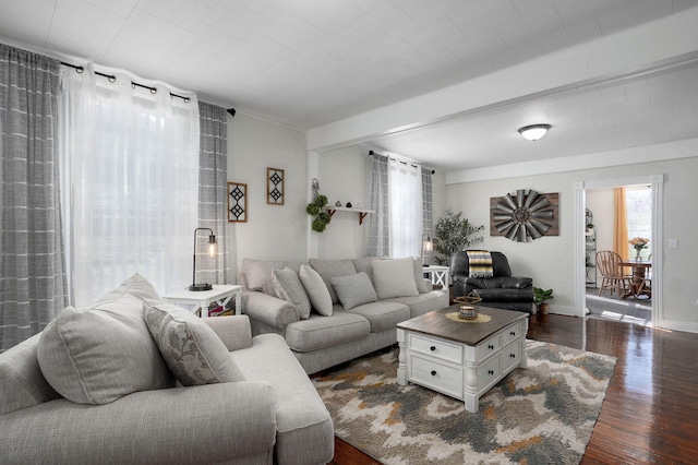 living room with dark wood-type flooring and baseboards