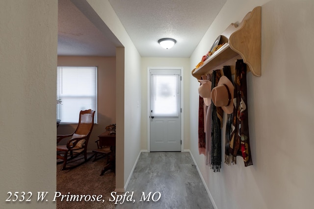 mudroom featuring hardwood / wood-style floors and a textured ceiling