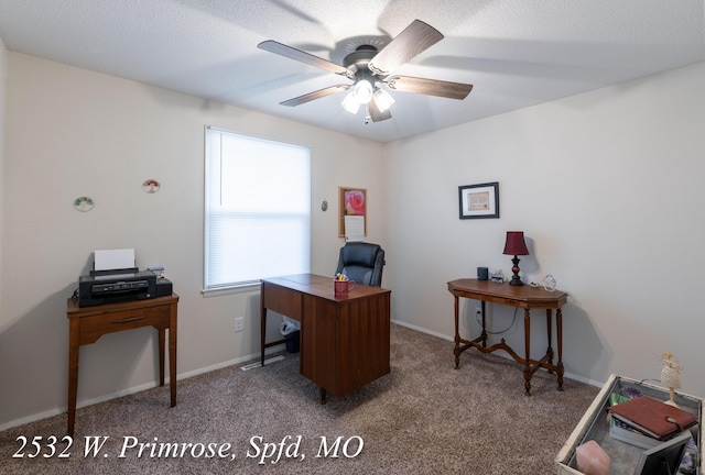 office with carpet, a textured ceiling, and ceiling fan