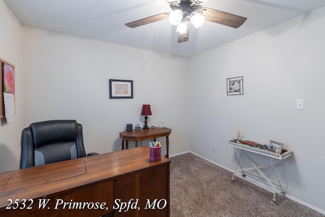 office area featuring carpet and ceiling fan