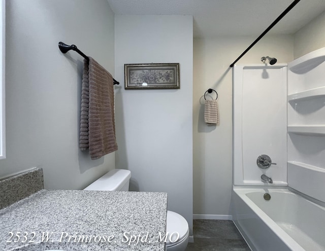 bathroom with tile patterned flooring, shower / bath combination, a textured ceiling, and toilet