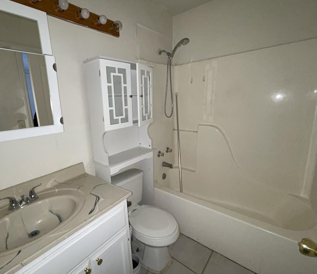 full bathroom with vanity,  shower combination, tile patterned floors, and toilet