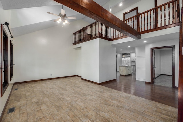 unfurnished living room featuring dark wood finished floors, visible vents, a ceiling fan, high vaulted ceiling, and baseboards