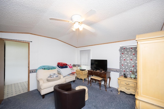 carpeted living room with ceiling fan, crown molding, a textured ceiling, and vaulted ceiling