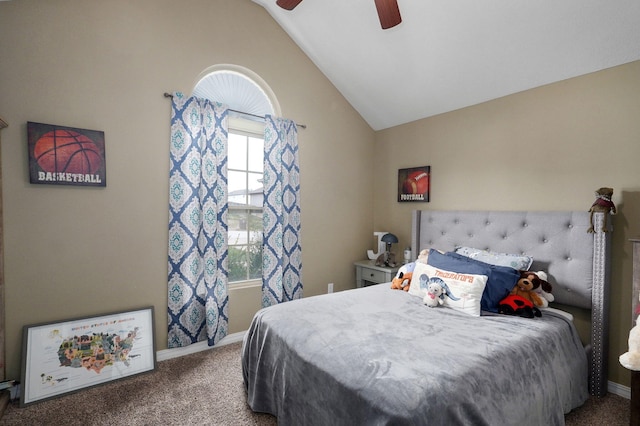 carpeted bedroom with ceiling fan and lofted ceiling