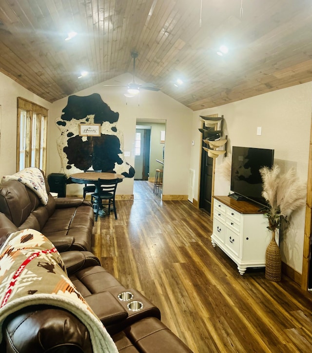 living room featuring wood ceiling, ceiling fan, dark wood-type flooring, and lofted ceiling