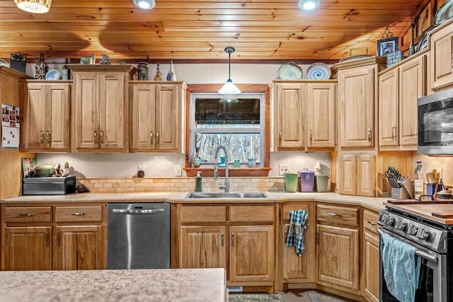 kitchen featuring decorative light fixtures, sink, wooden ceiling, and stainless steel appliances