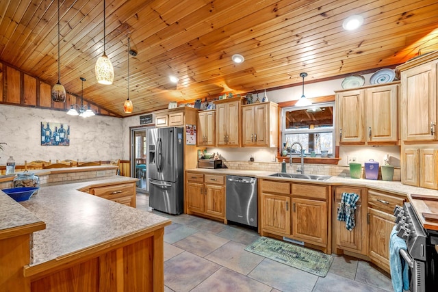 kitchen featuring sink, stainless steel appliances, pendant lighting, vaulted ceiling, and wood ceiling