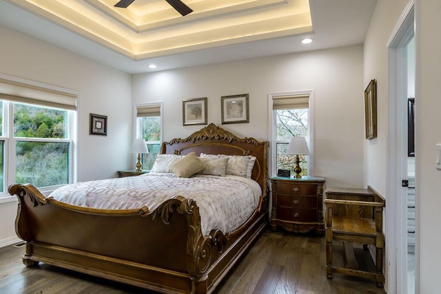 bedroom with ceiling fan, dark hardwood / wood-style floors, and a tray ceiling