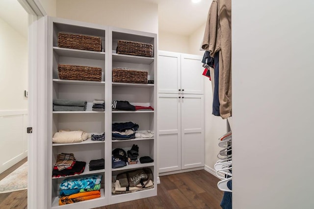 walk in closet with dark wood-type flooring