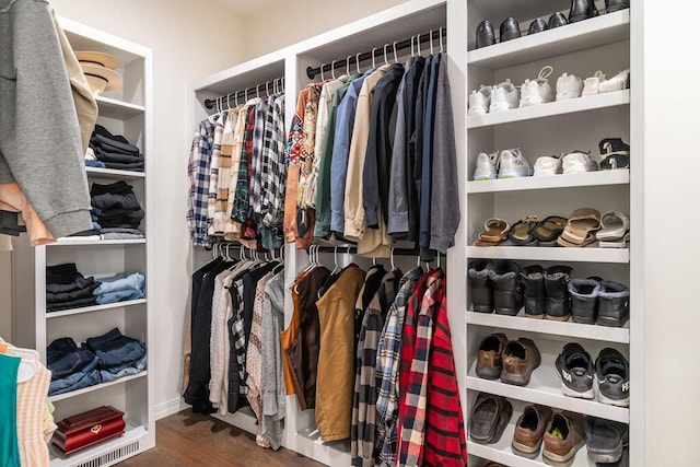 spacious closet with dark hardwood / wood-style flooring