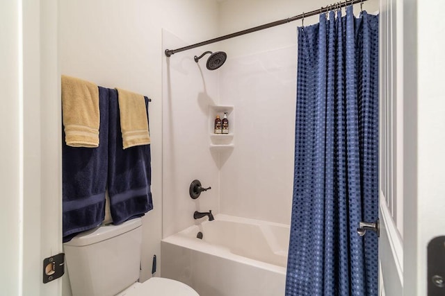 bathroom with toilet and shower / bathtub combination with curtain