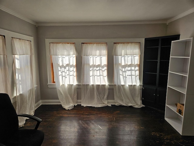 interior space featuring dark hardwood / wood-style flooring and ornamental molding