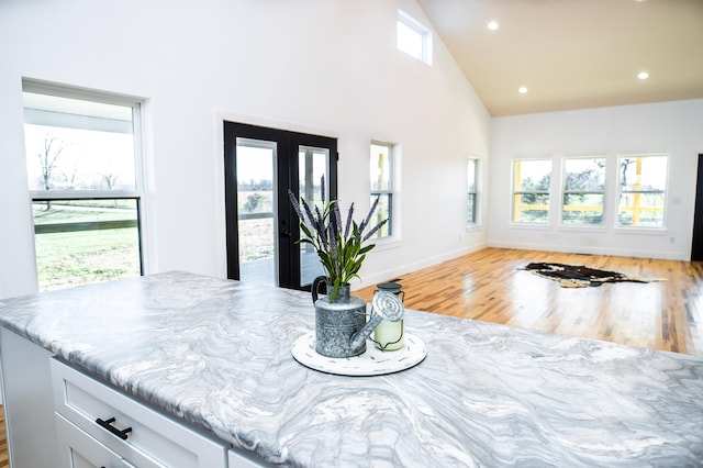 dining area featuring high vaulted ceiling, light hardwood / wood-style flooring, and a wealth of natural light