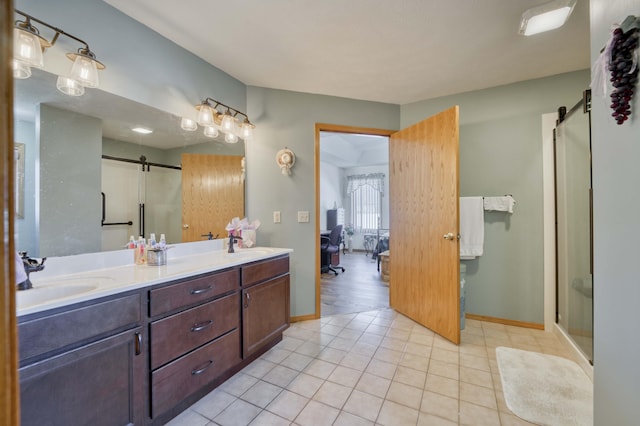 bathroom featuring hardwood / wood-style floors, vanity, and a shower with shower door