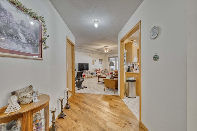 hallway featuring light hardwood / wood-style flooring and a textured ceiling