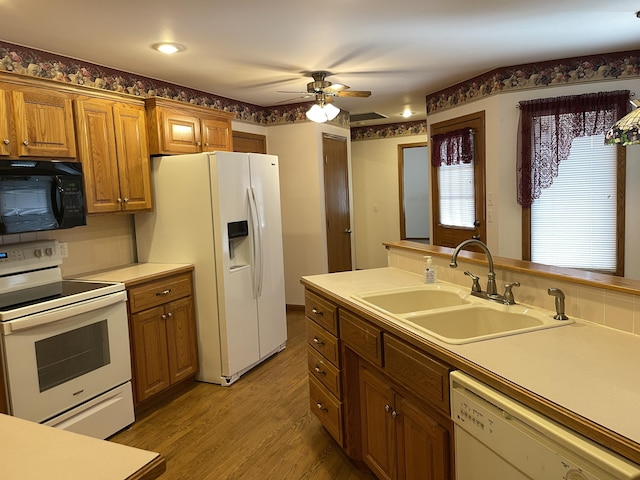 kitchen with tasteful backsplash, white appliances, ceiling fan, sink, and light hardwood / wood-style flooring