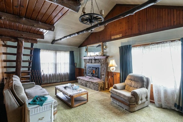 living room featuring wood ceiling, wood walls, carpet, and lofted ceiling with beams