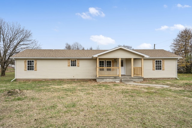 ranch-style house with a front lawn and a porch