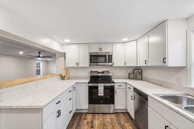 kitchen featuring white cabinets, stainless steel appliances, and dark wood-type flooring