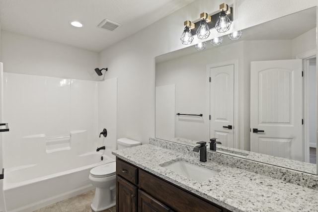 full bathroom with tile patterned flooring, vanity, toilet, and shower / tub combination