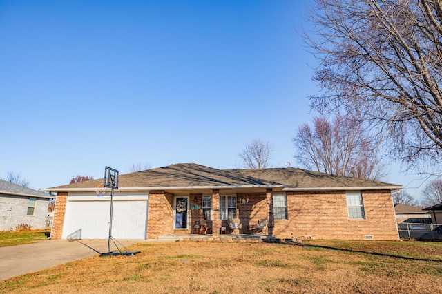 single story home with a front lawn, covered porch, and a garage