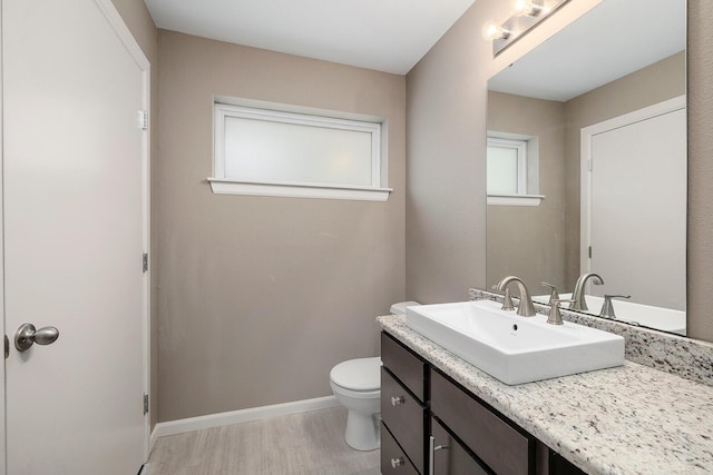 bathroom with vanity, wood-type flooring, and toilet