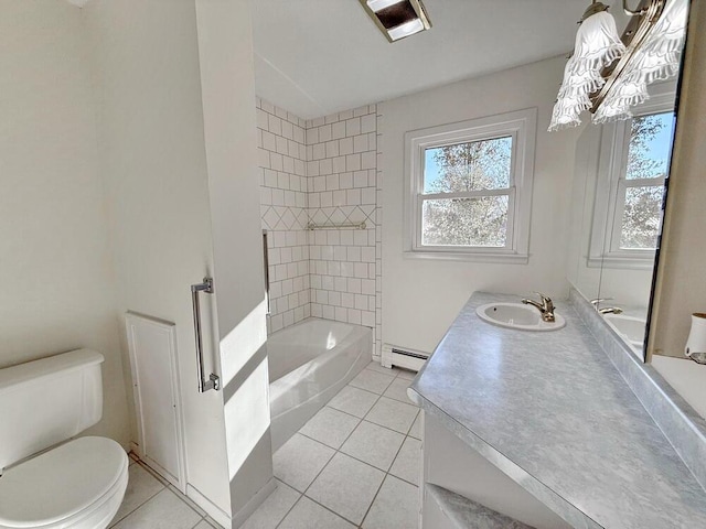 full bathroom featuring vanity, tiled shower / bath, tile patterned flooring, toilet, and baseboard heating