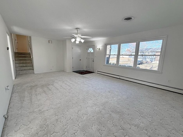 unfurnished living room with a baseboard radiator, ceiling fan, and light colored carpet