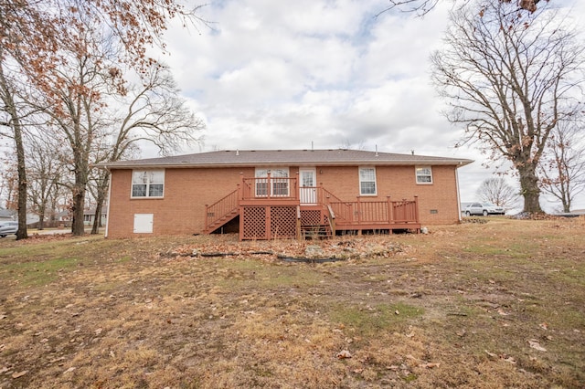 1204 Lake Road Dr, Cassville, MO 65625 - rear view of house with brick siding, stairway, a deck, and crawl space