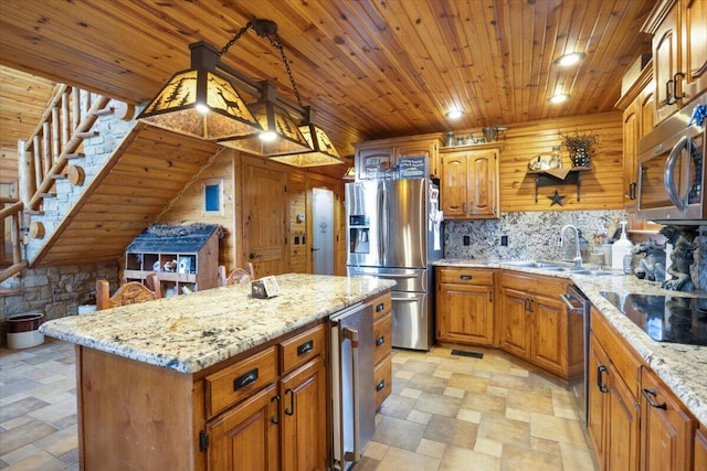 kitchen featuring light stone countertops, stainless steel appliances, decorative light fixtures, wooden ceiling, and a center island