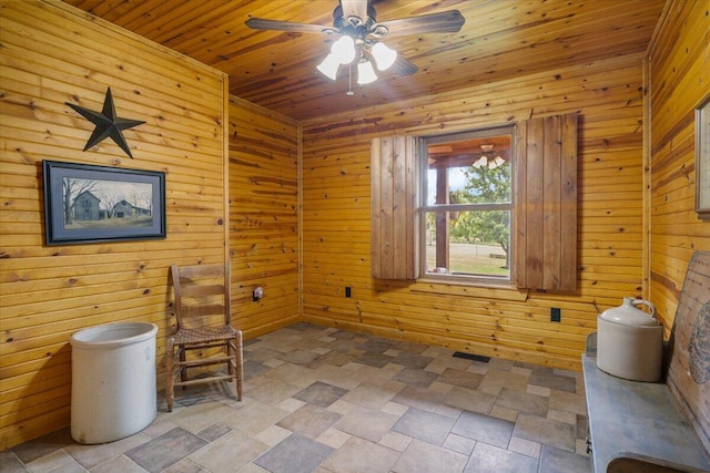 unfurnished room with ceiling fan, wooden walls, and wood ceiling