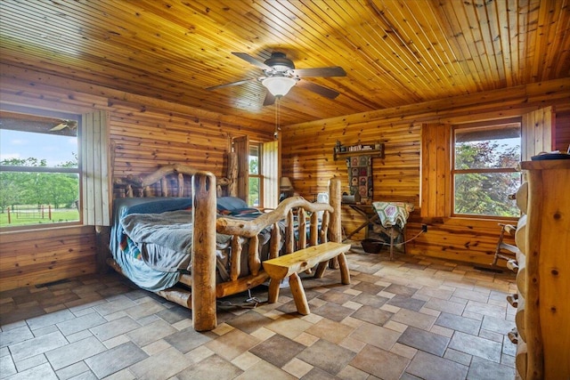 bedroom featuring ceiling fan, wood ceiling, multiple windows, and wood walls