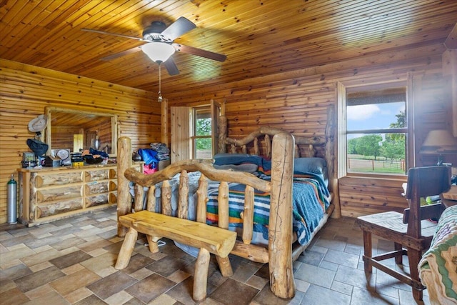 bedroom featuring ceiling fan, wooden walls, and wood ceiling