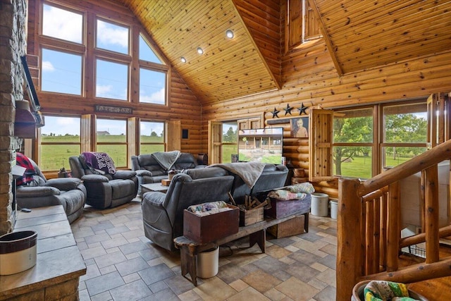 living room featuring log walls, plenty of natural light, high vaulted ceiling, and wooden ceiling