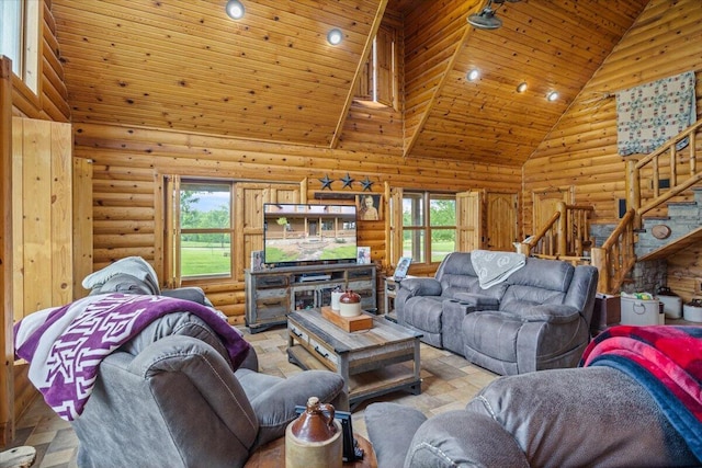 living room with plenty of natural light, high vaulted ceiling, and wood ceiling