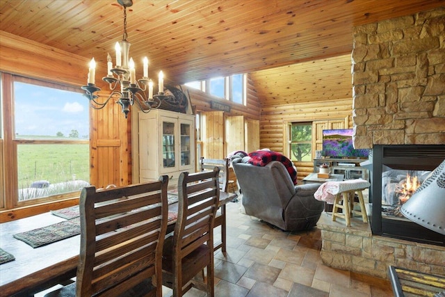 dining room with a fireplace, an inviting chandelier, lofted ceiling, and wood ceiling