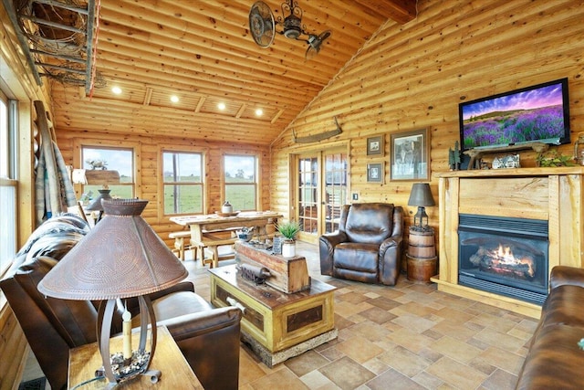 living room featuring beamed ceiling, wood ceiling, and high vaulted ceiling