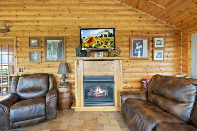 living room with high vaulted ceiling, rustic walls, and wooden ceiling