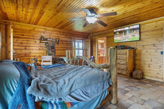 bedroom with ensuite bathroom, ceiling fan, wooden walls, and wood ceiling