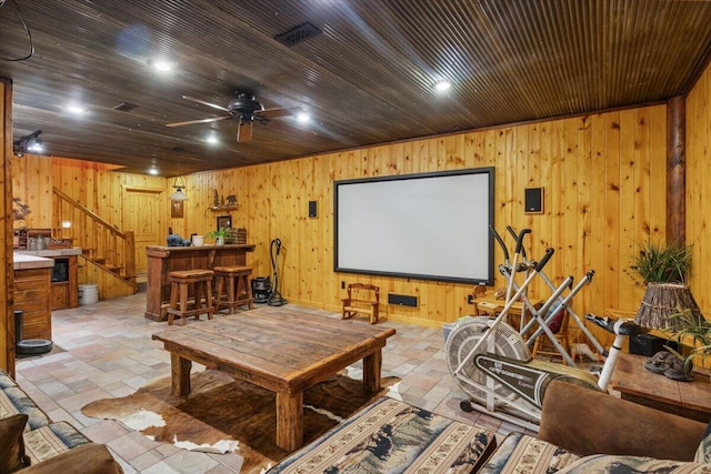 cinema room featuring indoor bar, ceiling fan, wooden ceiling, and wood walls