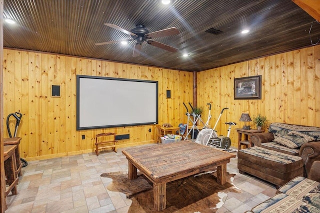 cinema room featuring wooden ceiling and wood walls