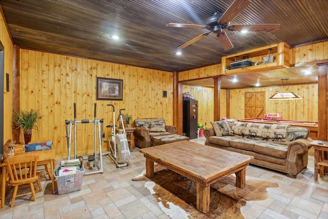 living room featuring ceiling fan, wooden ceiling, and wooden walls