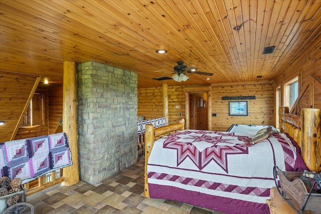 bedroom with wooden walls and wood ceiling