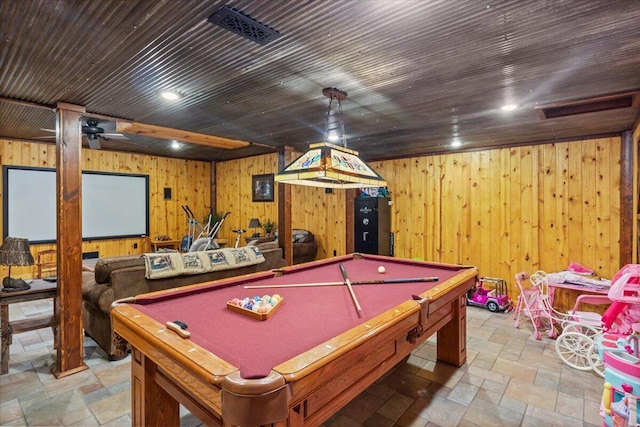 rec room featuring wood walls and pool table