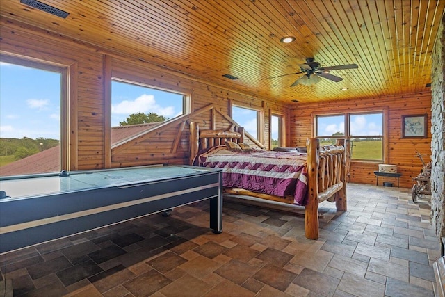 bedroom with ceiling fan, wood walls, and wood ceiling