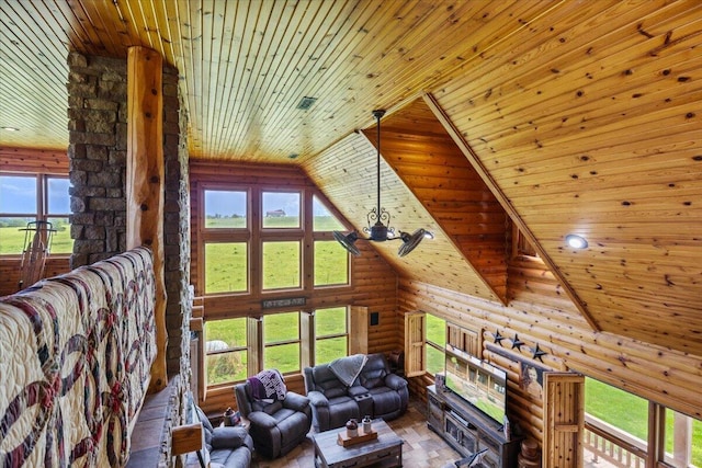 unfurnished living room with log walls, vaulted ceiling, a wealth of natural light, and wood ceiling