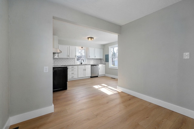 kitchen with decorative backsplash, white cabinetry, stainless steel dishwasher, and light wood-type flooring