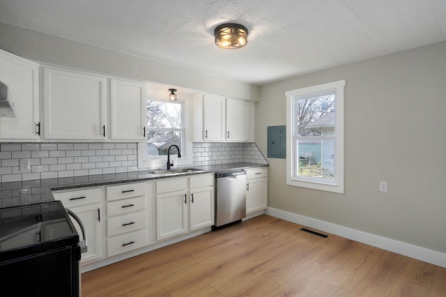 kitchen with light hardwood / wood-style flooring, stainless steel dishwasher, a wealth of natural light, and sink